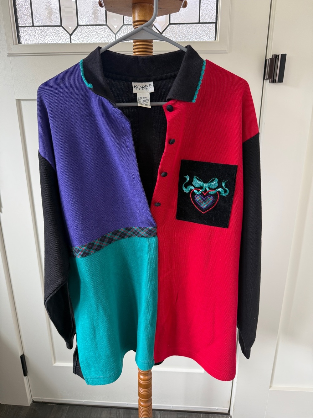 Vintage 1990’s-Koret Colorblock Long Sleeve Polo w/ Embroidered Heart on Pocket